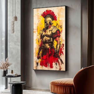 Roman Soldier Canvas Painting, Ancient Warrior Wall Art, Gladiator Art Decor, Bold Historical Artwork, Red Gold Armor Print, Perfect Gift