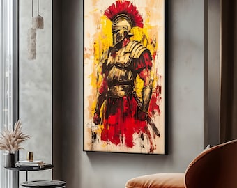 Roman Soldier Canvas Painting, Ancient Warrior Wall Art, Gladiator Art Decor, Bold Historical Artwork, Red Gold Armor Print, Perfect Gift