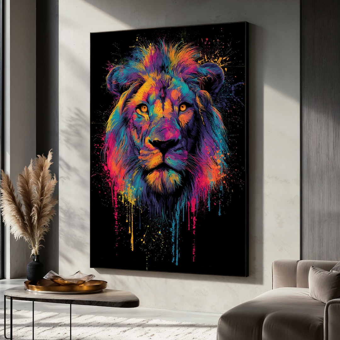 Colorful Lion Canvas Painting, Abstract Jungle Animal Wall Art, Vibrant ...