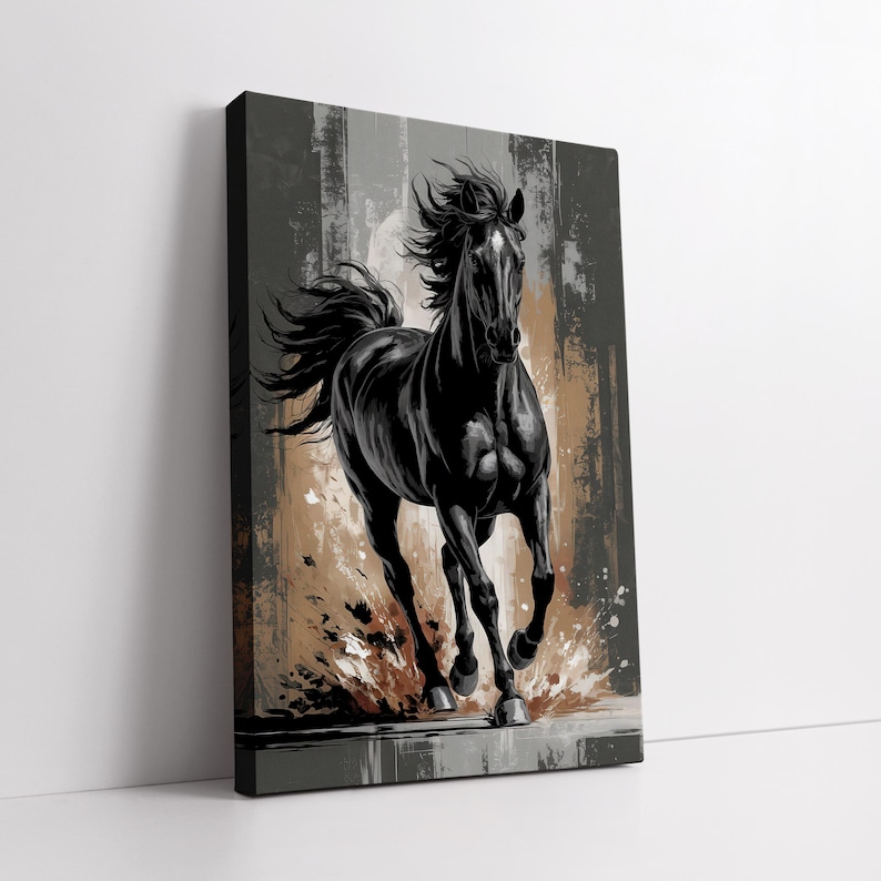May include: A black horse runs through a brown and gray abstract background. The horse has a flowing mane and tail. The background has a textured, brushstroke effect.