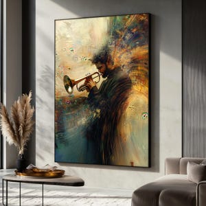 Abstracte trompettist canvas schilderij, expressieve jazz muurkunst voor muziekliefhebbers, modern wanddecor, trompetkunst print, uniek cadeau