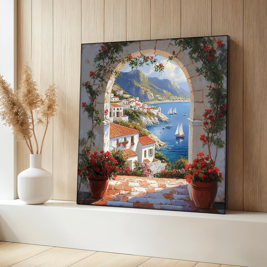 Mediterranean Coast Canvas Painting, Seaside Wall Art, Coastal Village ...