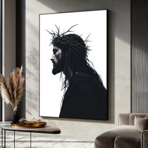 Black and White Jesus Canvas Painting, Crown of Thorns Christian Wall Art, Religious Home Decor, Faith-Inspired Artwork, Religious Gift