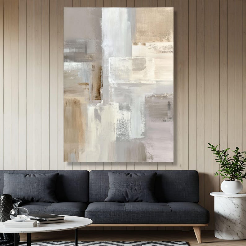 Neutral Abstract Canvas Wall Art, Modern Minimalist Paint Beige Gray ...