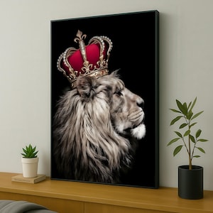 Regal Lion Canvas Painting With Red Royal Crown, Side Profile King Wall Art, Living Room Decor, Animal Art Decor, Lion Canvas, Perfect Gift