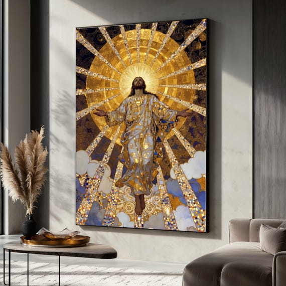 Gustav Klimt Jesus Radiant Ascension Canvas Wall Art, Spiritual Gold Religious Painting, Sacred Biblical Art, Home Decoration Canvas