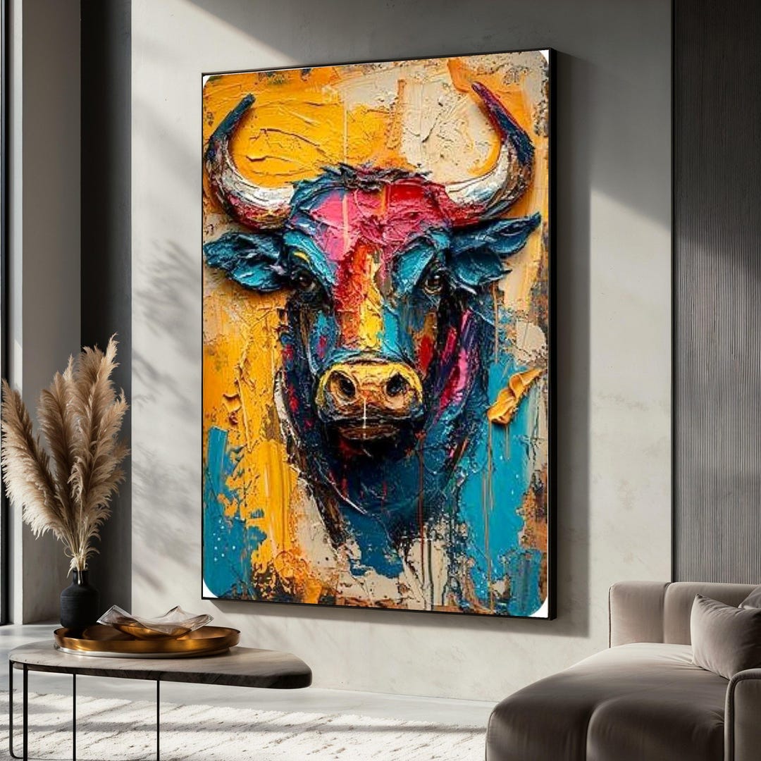 Vibrant Bull Portrait Canvas Print, Colorful Animal Wall Art, Abstract ...