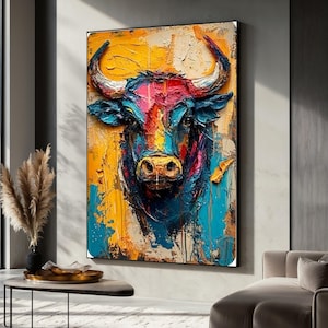 Vibrant Bull Portrait Canvas Print, Colorful Animal Wall Art, Abstract Painting, Modern Farmhouse Decor, Ready to Hang Artwork, Gift Idea