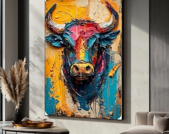Vibrant Bull Portrait Canvas Print, Colorful Animal Wall Art, Abstract Painting, Modern Farmhouse Decor, Ready to Hang Artwork, Gift Idea