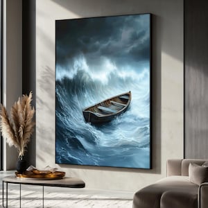 Lonely Boat On Stormy Sea Canvas Painting, Dramatic Ocean Waves Wall Art, Office Decor, Powerful Nature Seascape Wall Print, Perfect Gift