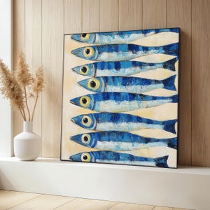 Sardines Canvas Painting, Blue Fish Wall Art, Coastal Kitchen Decor, Modern Nautical Sea Life Artwork, Abstract Canvas, Perfect Gift