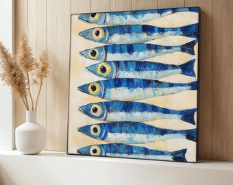 Sardines Canvas Painting, Blue Fish Wall Art, Coastal Kitchen Decor, Modern Nautical Sea Life Artwork, Abstract Canvas, Perfect Gift