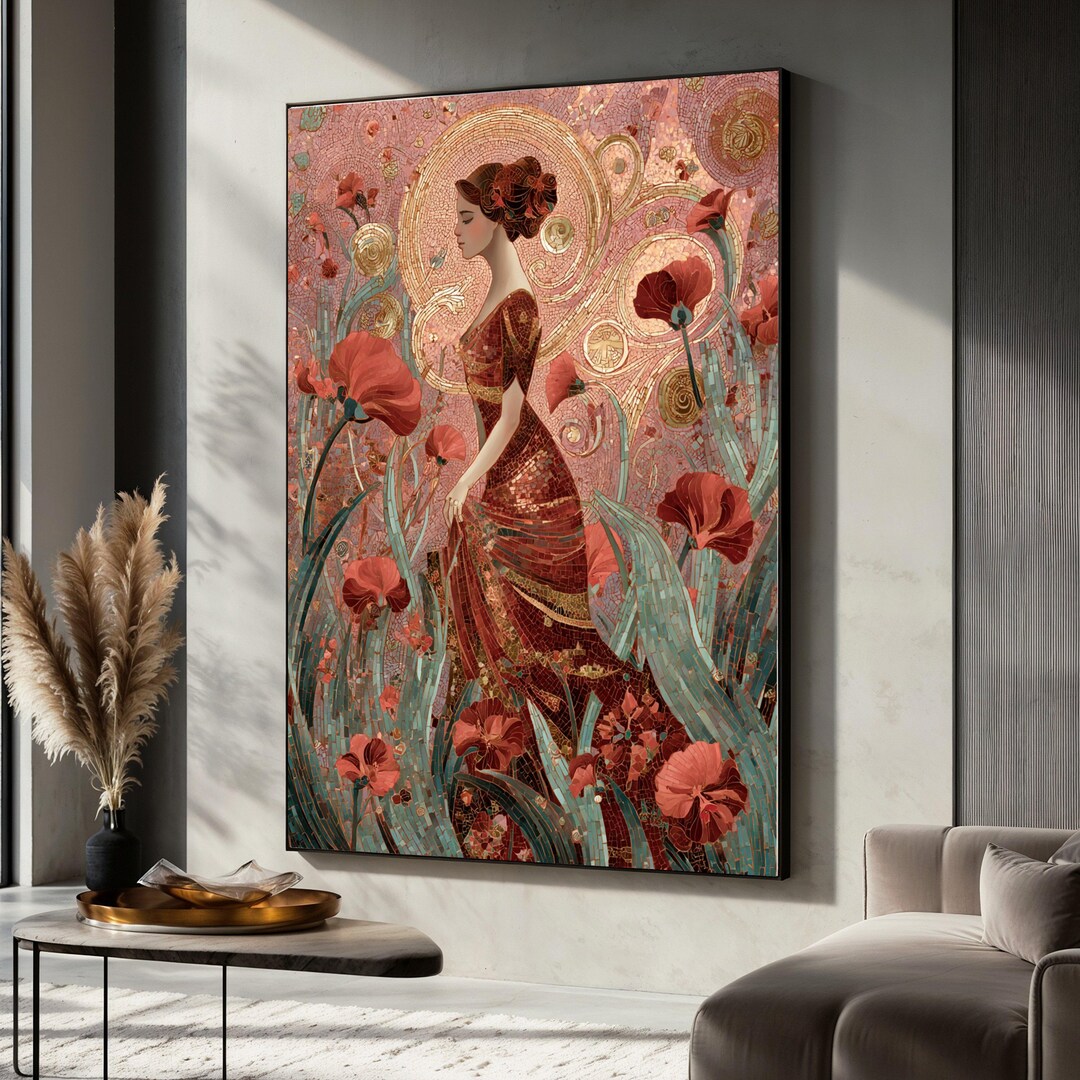 Gustav Klimt Woman With Poppies Canvas, Mosaic Art Print, Floral ...
