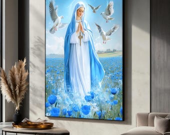 Blessed Mary Canvas Painting, Catholic Religious Wall Art, Holy Mother Decor, Christian Faith Print, Spiritual Home Art, Religious Gift