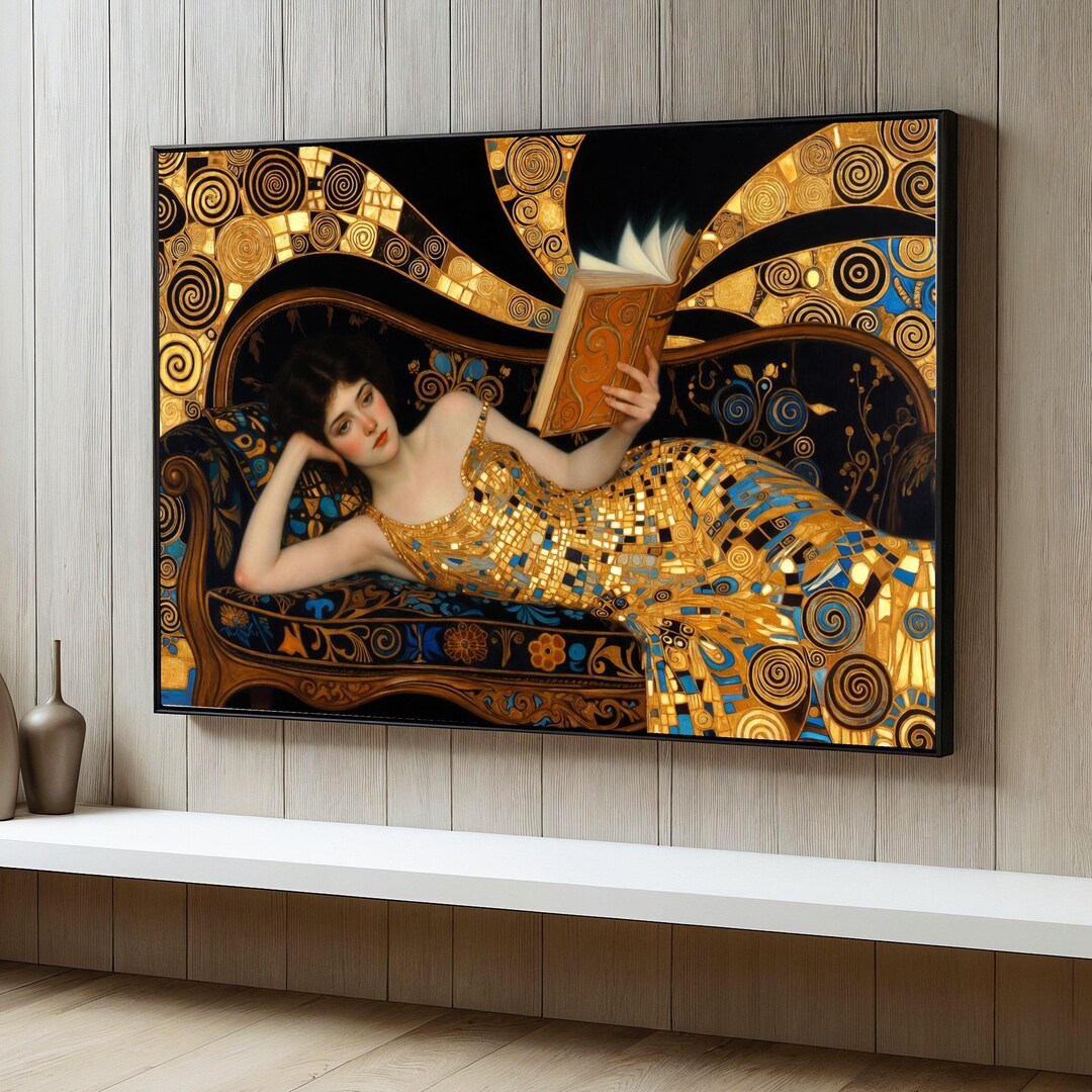 Gustav Klimt Woman Reading Canvas, Golden Decorative Wall Art, Art ...