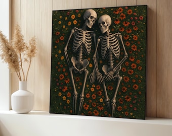Dipinto su tela con coppia di scheletri, decorazione murale gotica romantica con fiori, tela romantica, decorazione per soggiorno, regalo spettrale per gli innamorati