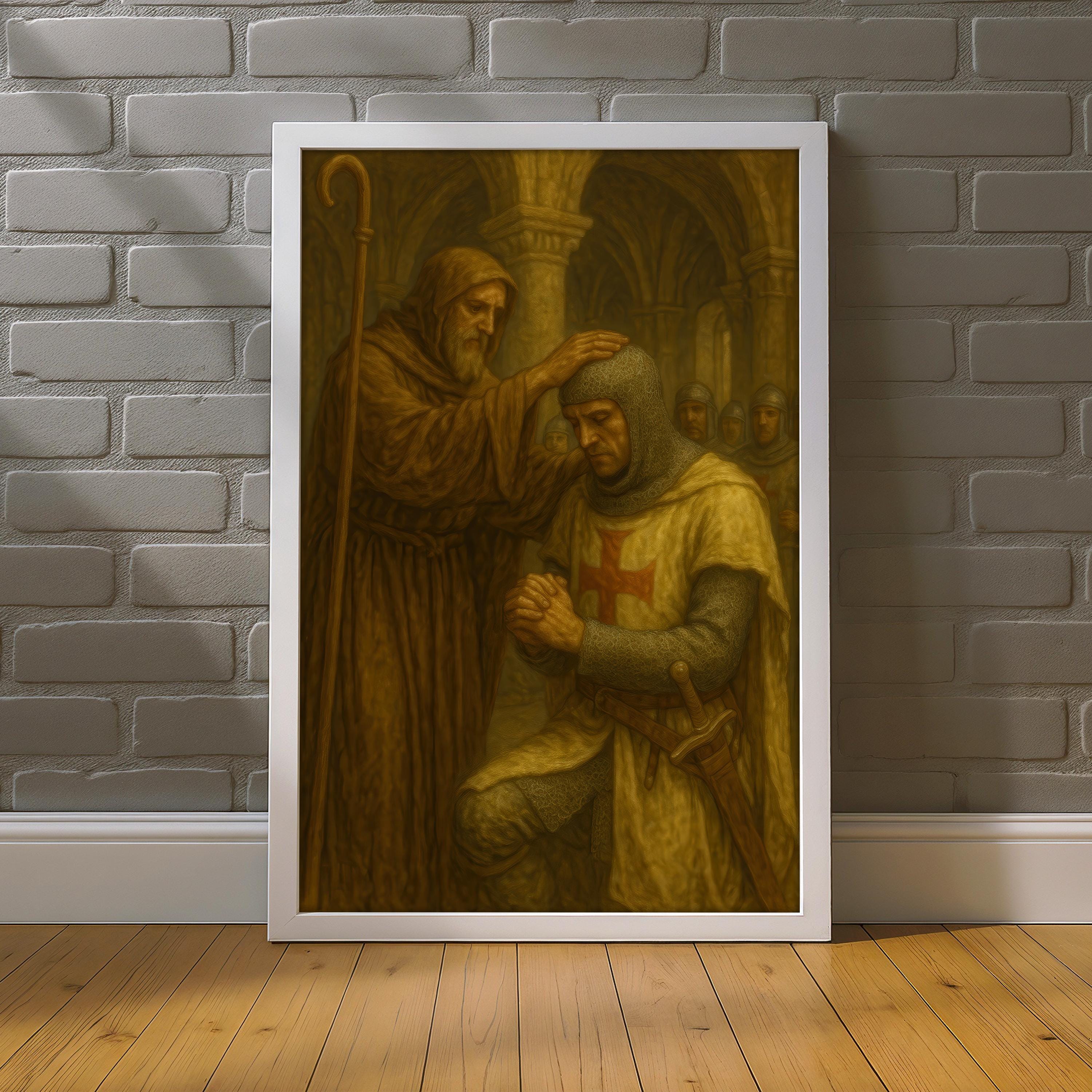 Knight Blessing Canvas Painting, Crusader Being Anointed Wall Art, Religious Art, Medieval Christian Ceremony Scene With Cross, Perfect Gift