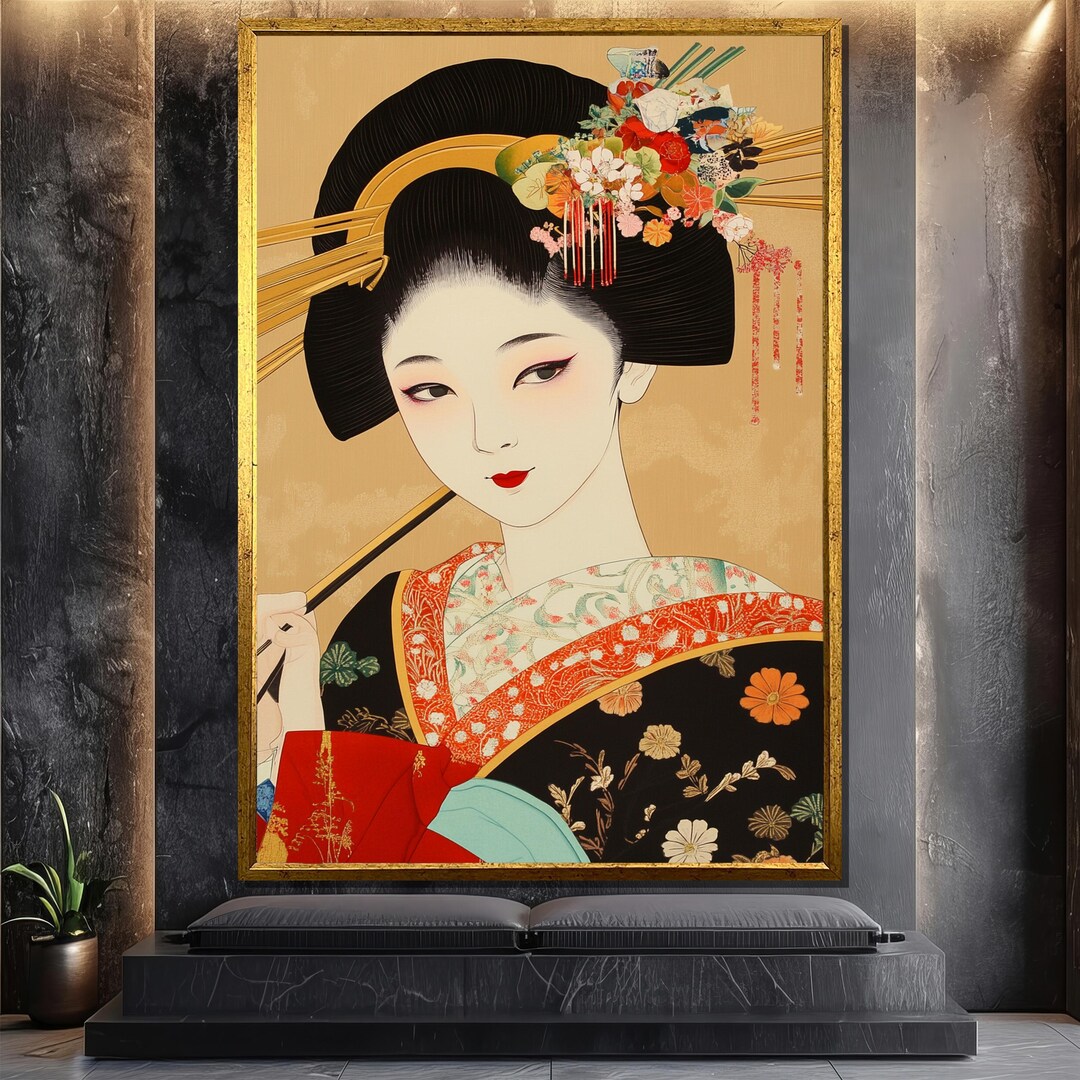 Traditional Japanese Geisha Canvas Painting, Elegant Kimono Wall Art ...
