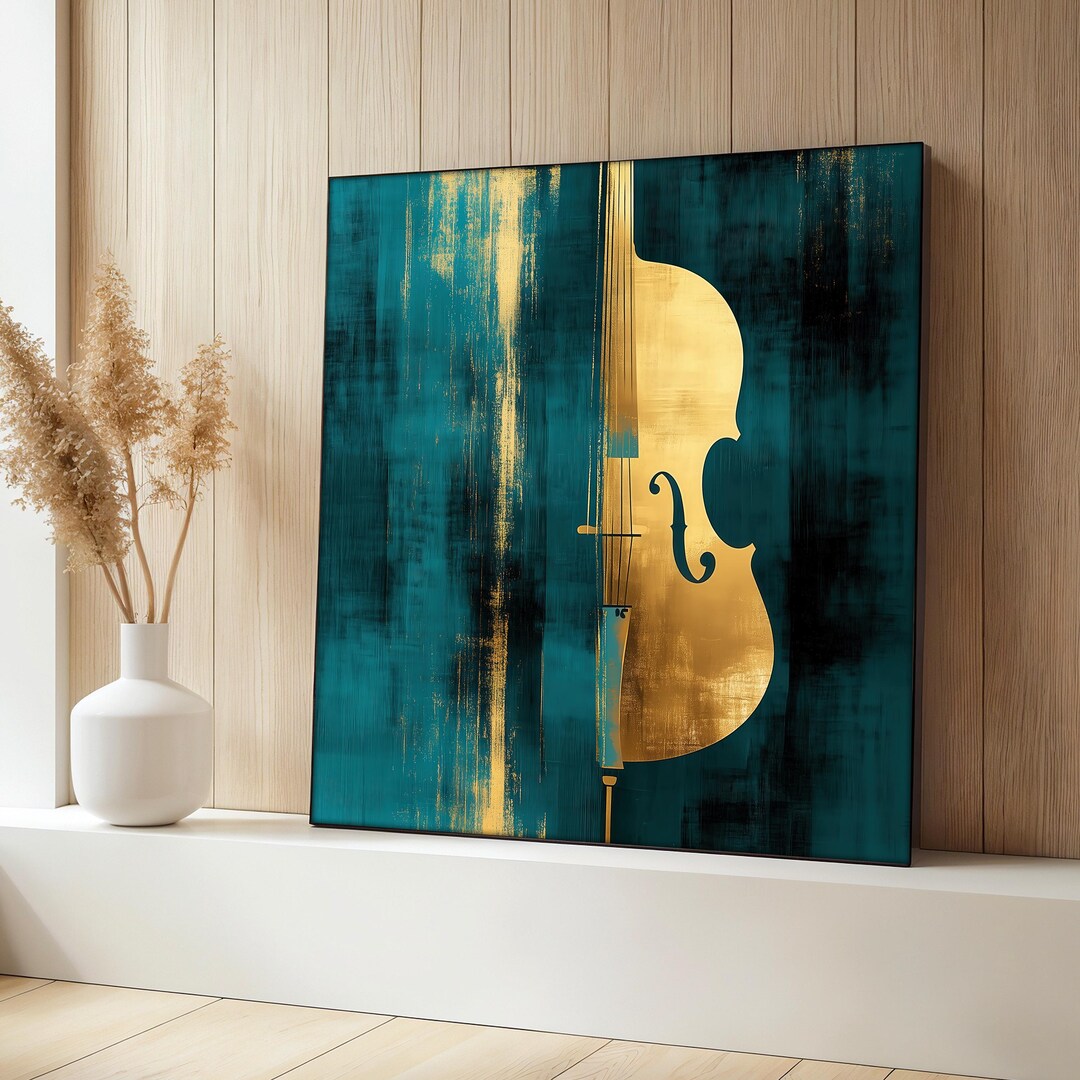Gold Violin Canvas Painting, Modern Abstract Music Wall Art, Teal and ...