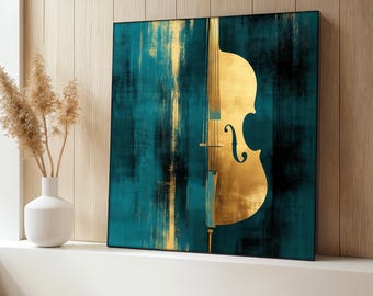 Gold Violin Canvas Painting, Modern Abstract Music Wall Art, Teal and Gold String Instrument Decor, Stylish Home Artwork, Perfect Gift