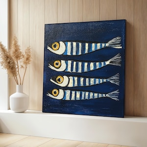 Sardines Canvas Painting, Blue Fish Wall Art, Nautical Coastal Decor, Modern Ocean Theme Kitchen Artwork, Sea Life Print, Gift Idea