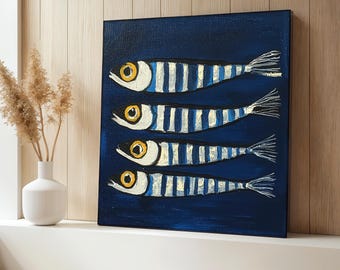 Sardines Canvas Painting, Blue Fish Wall Art, Nautical Coastal Decor, Modern Ocean Theme Kitchen Artwork, Sea Life Print, Gift Idea