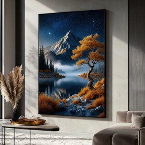 Sternenklare Berglandschaft Leinwand, See und Baum Wandkunst, Natur inspirierte Nachtszene Dekor, Landschaftsposter, Perfektes Geschenk