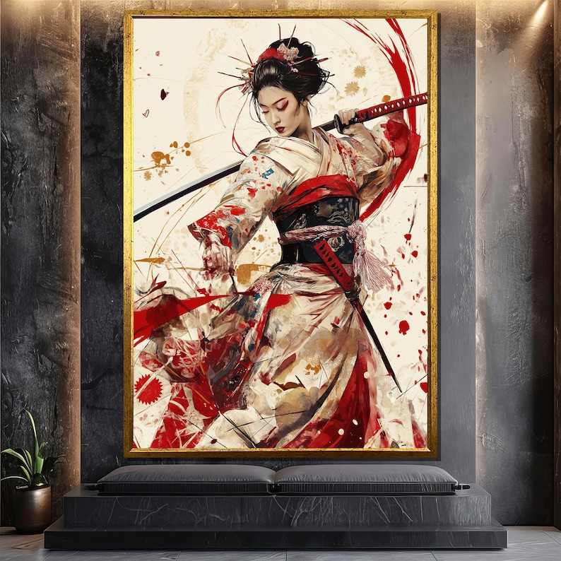 May include: A woman in a white and red kimono holds a katana sword. The background is a white canvas with red and gold splatters of paint.