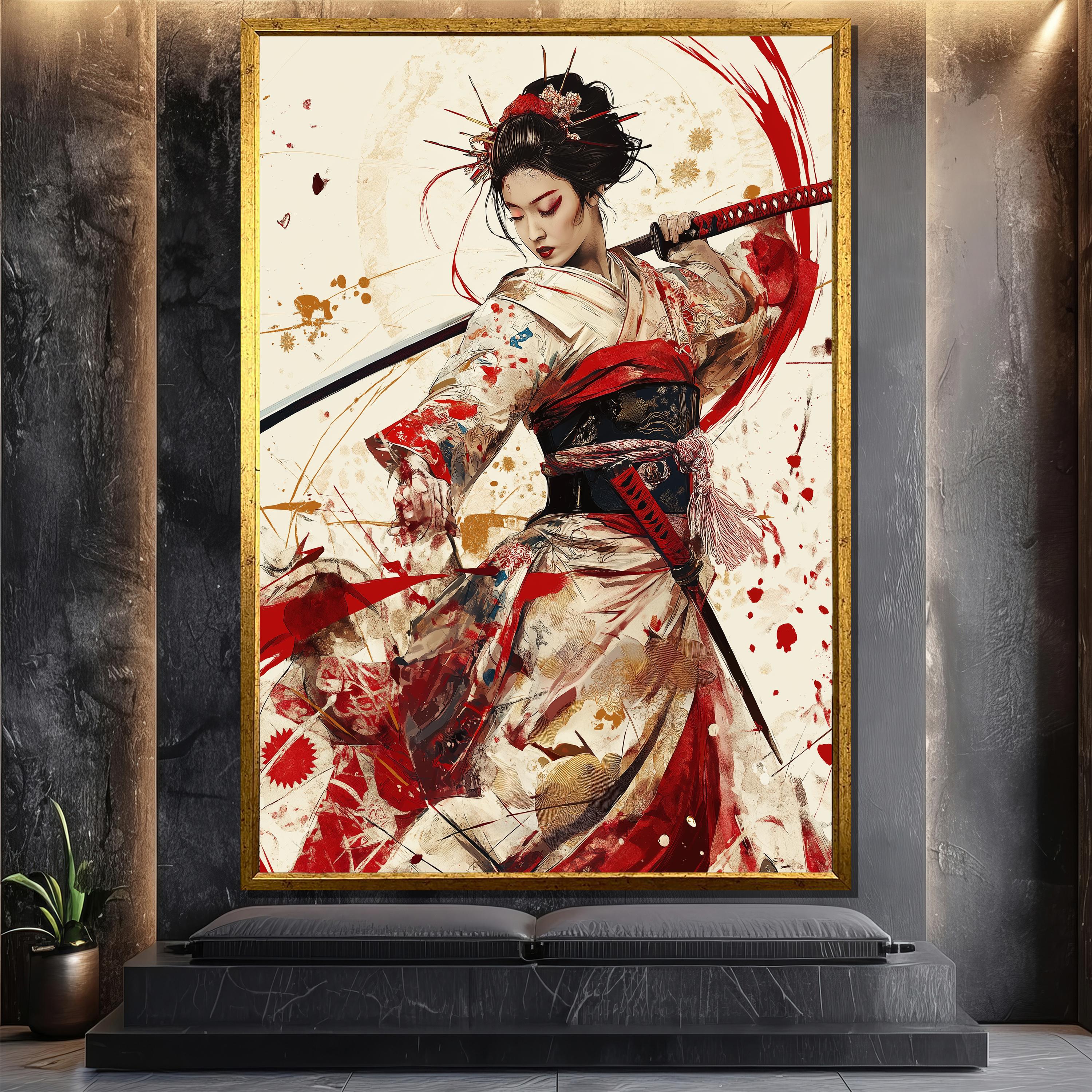 Japanese Female Samurai Canvas Painting – Elegant Katana Warrior