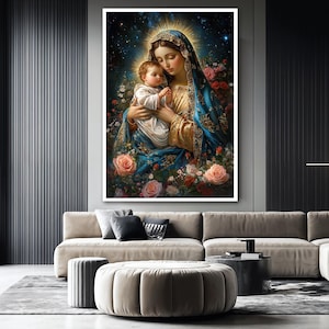 May include: A painting of the Virgin Mary holding a baby Jesus. The painting is set against a dark blue background with stars and surrounded by pink and red flowers.
