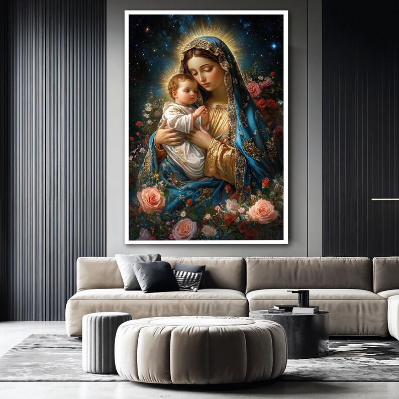 May include: A painting of the Virgin Mary holding a baby Jesus. The painting is set against a dark blue background with stars and surrounded by pink and red flowers.