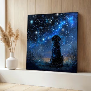 Sternenklare Nacht Hund Leinwand Gemälde, Kosmisches Haustier Wandbild, Galaxie Himmel mit Silhouette-Dekor, Verträumtes Tier Kunstwerk, Einzigartige Geschenkidee