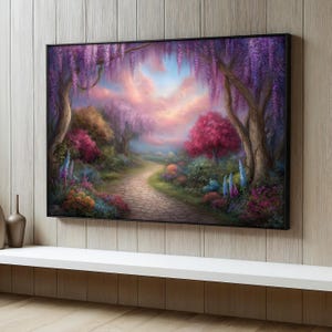 Enchanted Garden Canvas Painting, Fantasy Forest Path Wall Art with Pink Trees and Flowers, Dream Nature Landscape Print, Colorful Art Gift