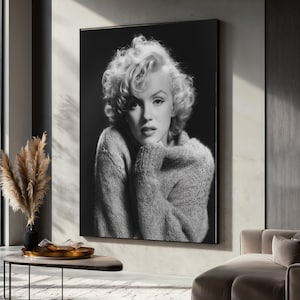 Marilyn Monroe Black and White Portrait Canvas, Vintage Glamour Wall Art, Classic Hollywood Star Decor, Soft Knit Sweater Photography Print