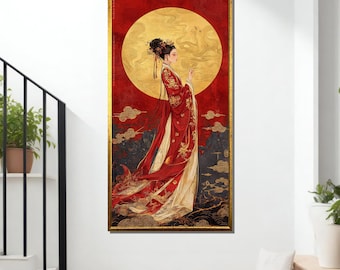 Dipinto su tela di donna orientale in kimono rosso – Luna dorata e nuvole Arte murale giapponese per un elegante arredamento per la casa o un regalo zen unico