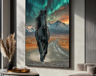 Cuadro en lienzo de caballo negro, decoración de pared de auroras boreales, obra de arte de animales salvajes, impresión de paisaje de montaña, regalo único de arte occidental