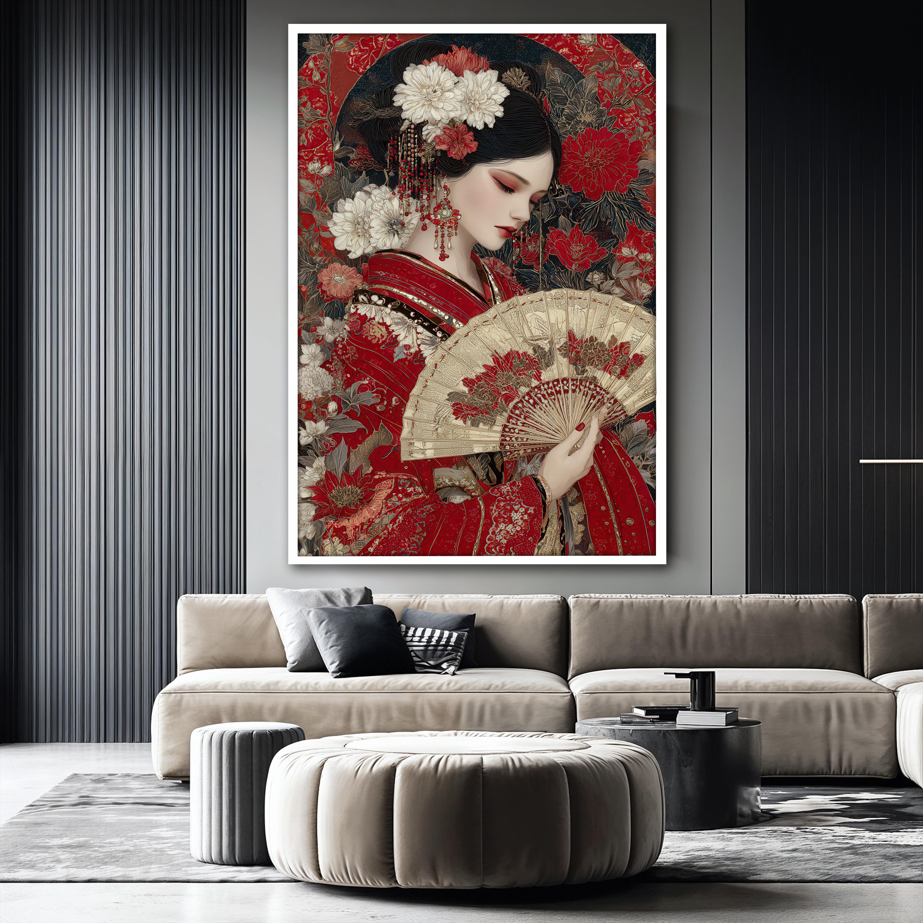 Japanese Woman Canvas Painting, Elegant Geisha Wall Art With Red Kimono ...