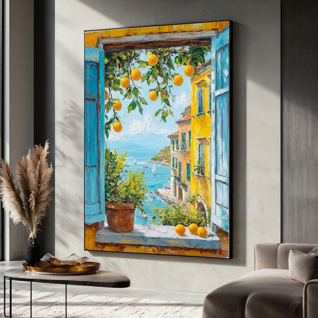 Mediterranean Window Canvas Painting, Colorful Coastal Wall Art With ...