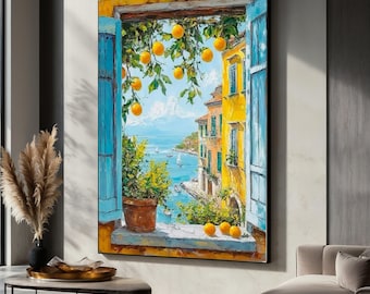 Mediterranean Window Canvas Painting, Colorful Coastal Wall Art with Lemon Tree View, Italian Seaside City Artwork, Unique Gift