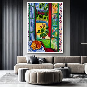 May include: A painting depicting a dog sleeping in a room with an open window. The window offers a view of a garden outside. The dog is brown and white and is lying on a blue blanket. The painting is executed in a colourful style with bright colours.