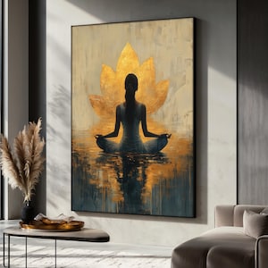 Golden Lotus Meditation Canvas Painting, Zen Yoga Wall Art with Woman Silhouette, Tranquil Spiritual Decor Gift for Wellness Lovers