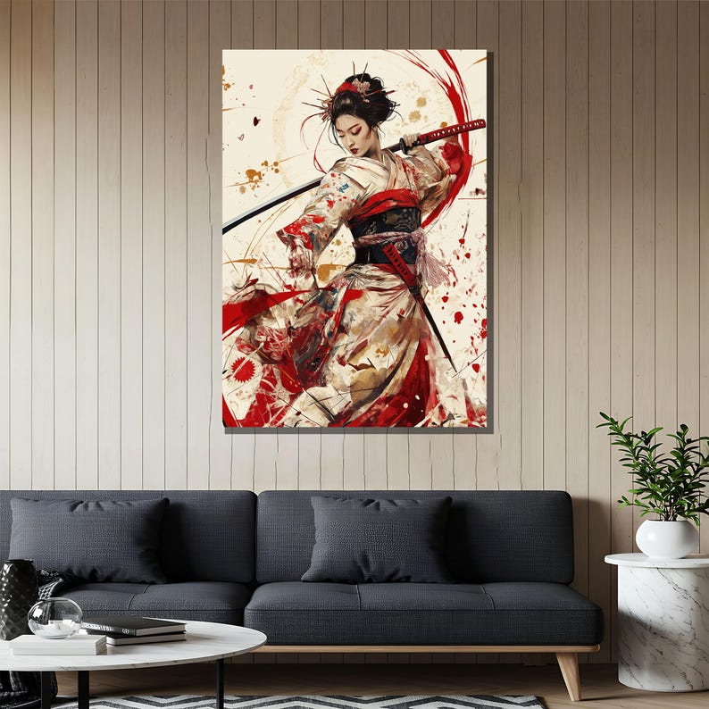 May include: A painting of a woman in a traditional Japanese kimono holding a sword. The woman is surrounded by red and white splatters of paint, creating a dynamic and energetic composition.