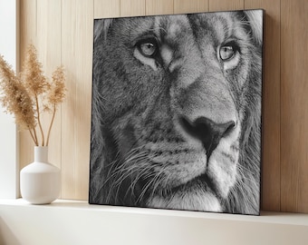 Lion Face Canvas Painting, Black and White Animal Wall Art, Bold Safari Wildlife Decor, Majestic Jungle King Print, Powerful Gift Idea