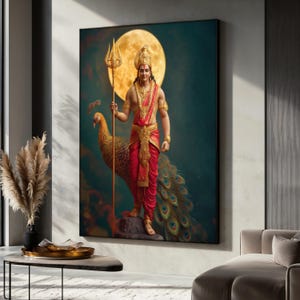 Lord Murugan mit Pfau Leinwandmalerei, Hindu Gott Wandkunst mit Vollmond, lebendiges göttliches Dekor, südindisches spirituelles Kunstwerk, Kunst Geschenk