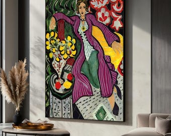 Henri Matisse Canvas Painting, Woman In Purple Dress With Floral Art Decor, Colorful Wall Art, Matisse Poster, Elegant Artistic Gift