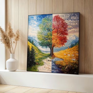Season Change Landscape Canvas Painting, Mountain Tree Wall Art, Nature Scenery Wall Decor, Office & Home Decor, Colorful Seasonal Art Gift