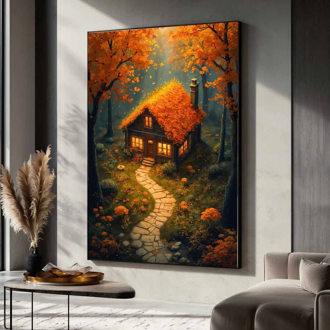 Cozy Cabin Canvas Painting, Autumn Forest Wall Art With Warm Lights ...