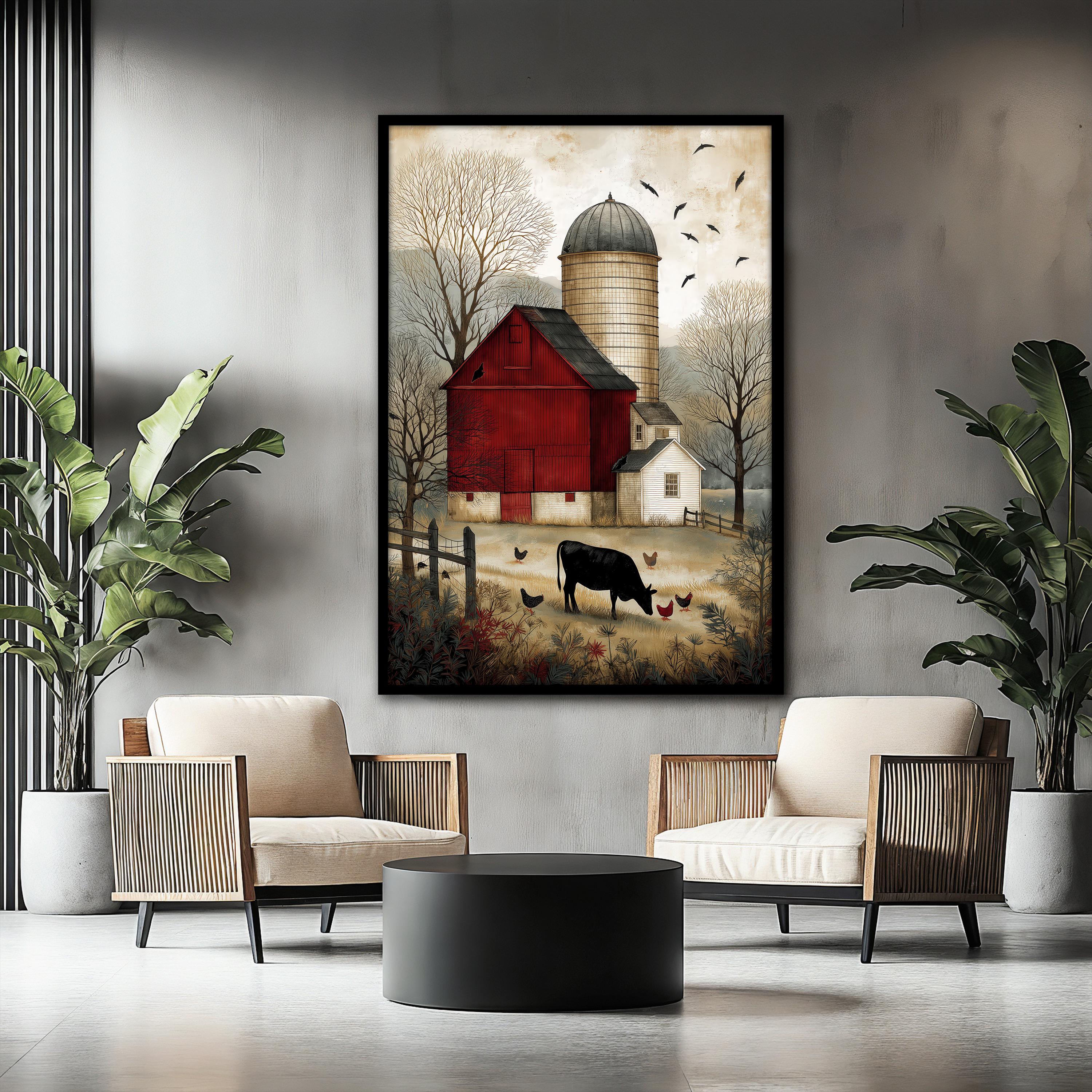 Rustic Farmhouse Canvas Painting, Red Barn and Silo Wall Art With Cows ...