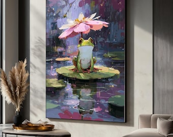 Charming Frog on Lily Pad Canvas, Cute Frog with Flower Umbrella, Whimsical Animal Wall Art, Nature Decor, Room Decor, Funny Art Gift