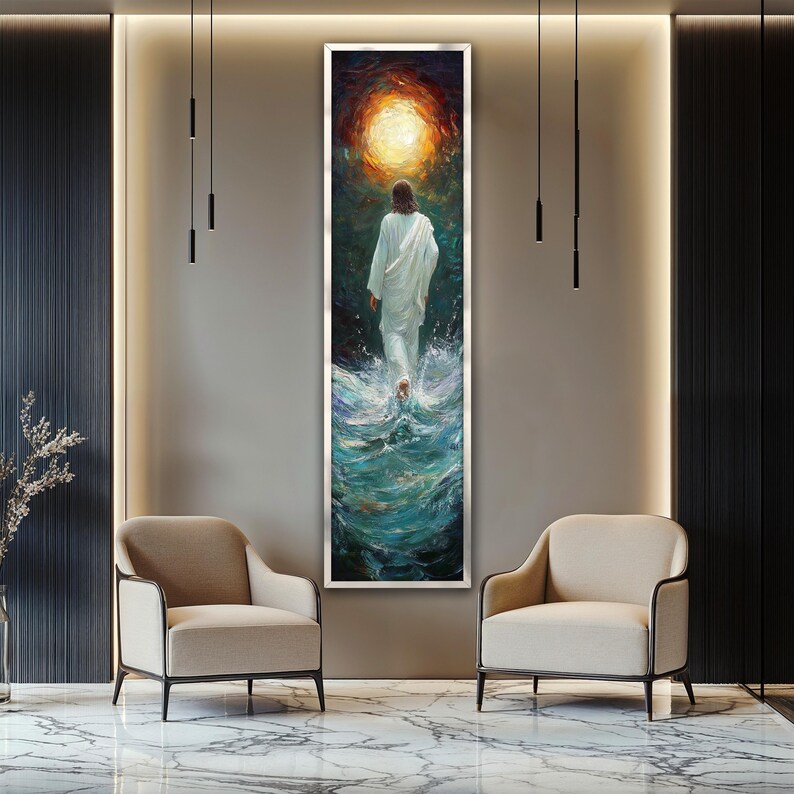 Op de afbeelding: Een schilderij van een man in een witte robe die over water loopt. Het water is blauw en groen, en de lucht is donkerblauw met een helder licht dat naar beneden schijnt. De man loopt naar het licht.